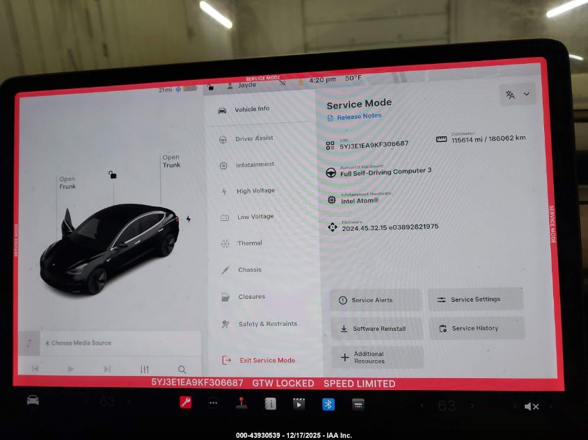 2019 Tesla Model 3 Long Range/Mid Range/Standard Range/Standard Range Plus VIN: 5YJ3E1EA9KF306687 Lot: 43930539