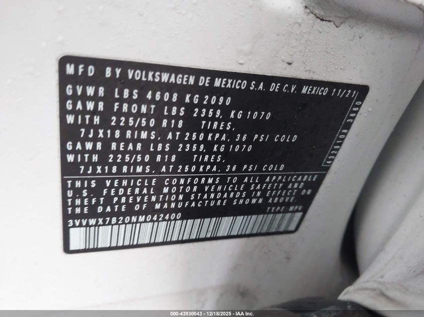 2022 Volkswagen Taos 1.5T Se VIN: 3VVWX7B20NM042400 Lot: 43930543