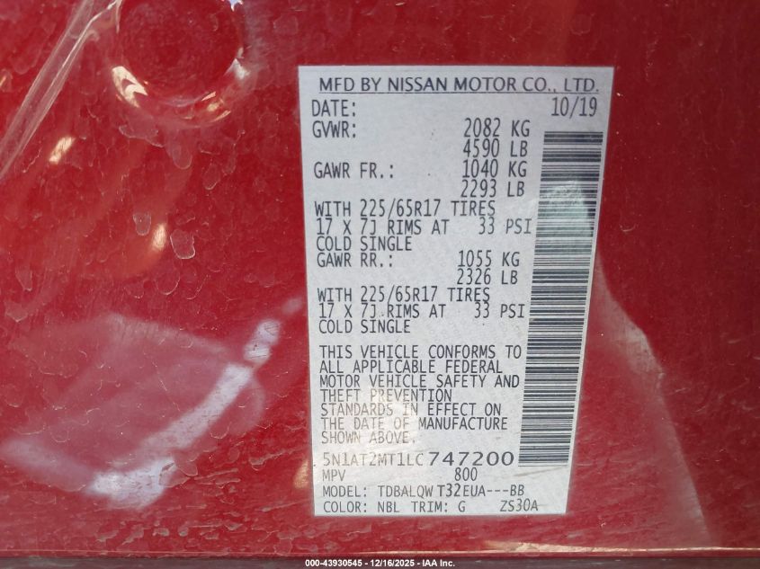 2020 Nissan Rogue Sv Fwd VIN: 5N1AT2MT1LC747200 Lot: 43930545