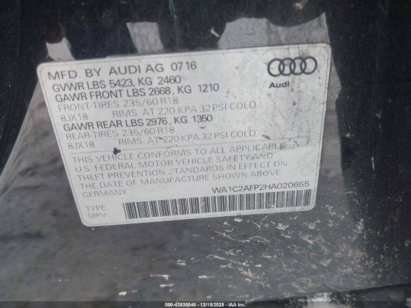 2017 Audi Q5 2.0T Premium VIN: WA1C2AFP2HA020655 Lot: 43930548