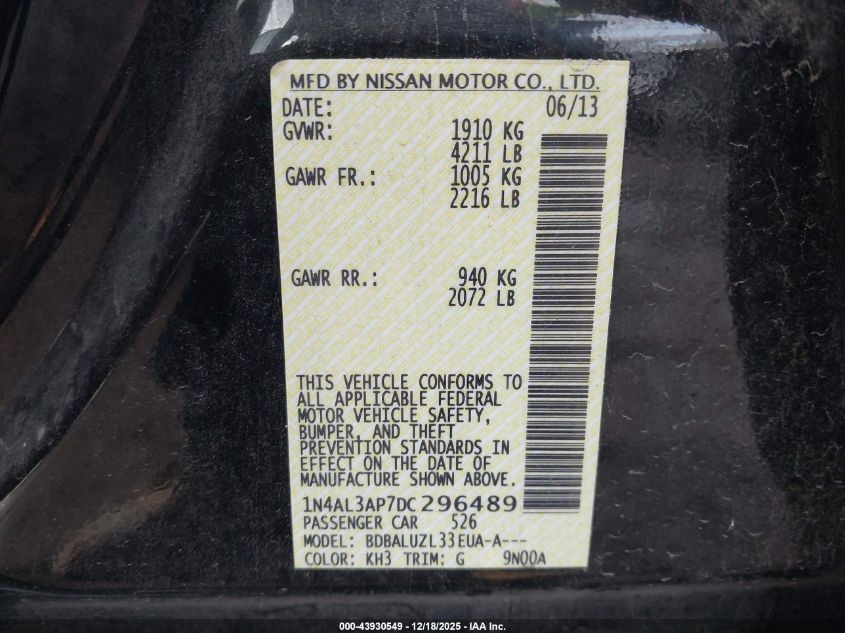 2013 Nissan Altima 2.5 Sv VIN: 1N4AL3AP7DC296489 Lot: 43930549