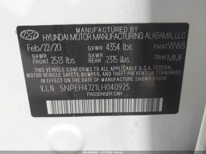 2020 Hyundai Sonata Limited VIN: 5NPEH4J21LH040925 Lot: 43930553
