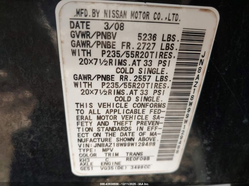 2009 Nissan Murano Le VIN: JN8AZ18W99W129488 Lot: 43930556