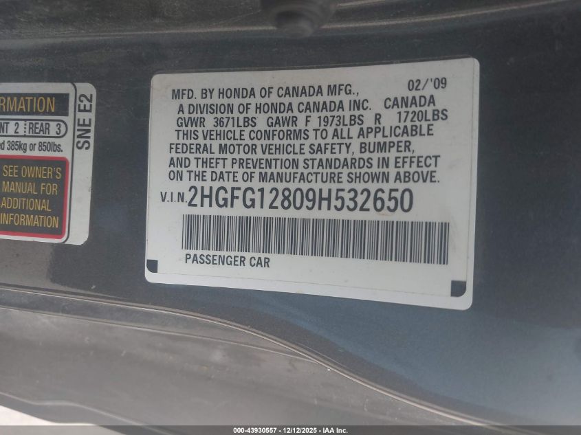 2009 Honda Civic Ex VIN: 2HGFG12809H532650 Lot: 43930557