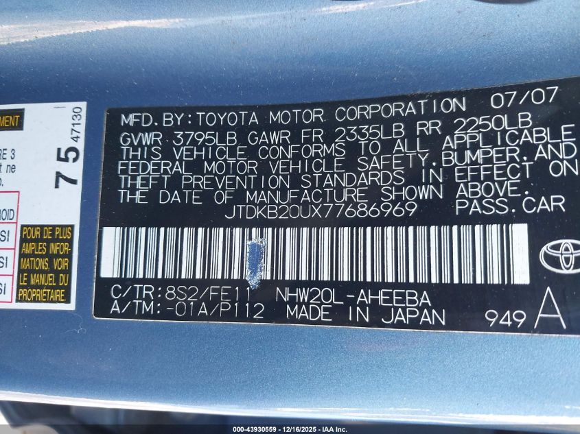 2007 Toyota Prius VIN: JTDKB20UX77686969 Lot: 43930559