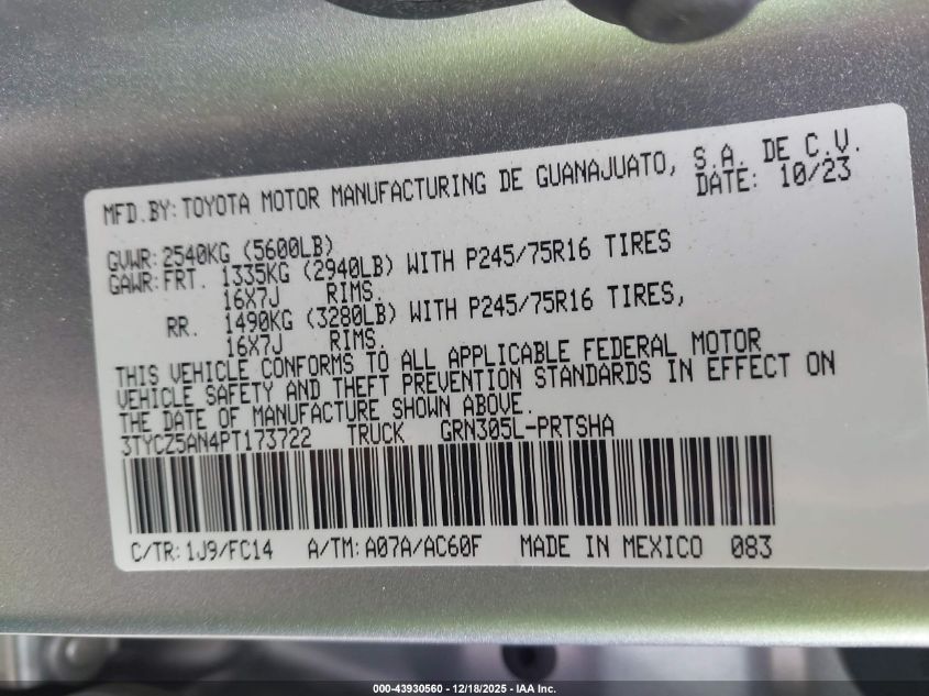 2023 Toyota Tacoma Sr5 V6 VIN: 3TYCZ5AN4PT173722 Lot: 43930560