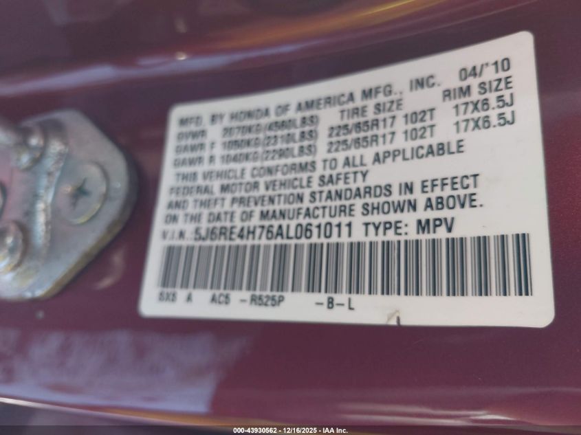 2010 Honda Cr-V Ex-L VIN: 5J6RE4H76AL061011 Lot: 43930562