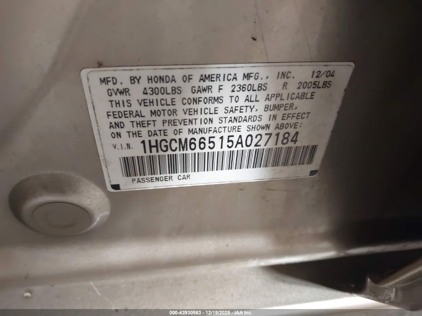 2005 Honda Accord 3.0 Ex VIN: 1HGCM66515A027184 Lot: 43930563