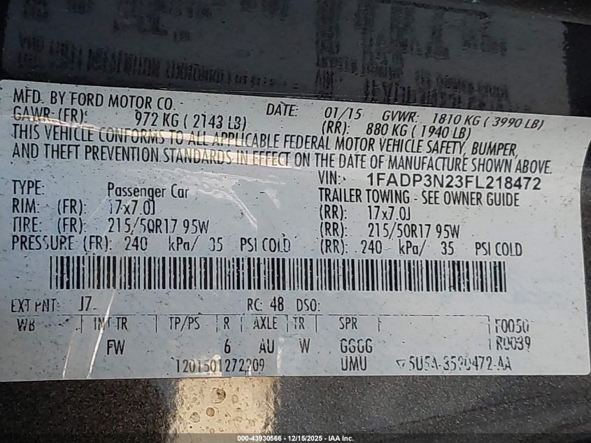 2015 Ford Focus Titanium VIN: 1FADP3N23FL218472 Lot: 43930566