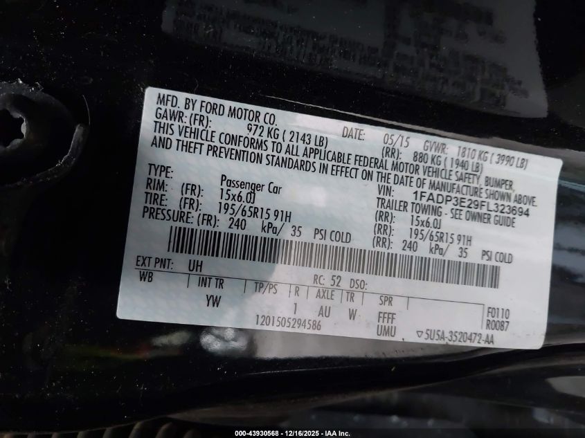 2015 Ford Focus S VIN: 1FADP3E29FL323694 Lot: 43930568