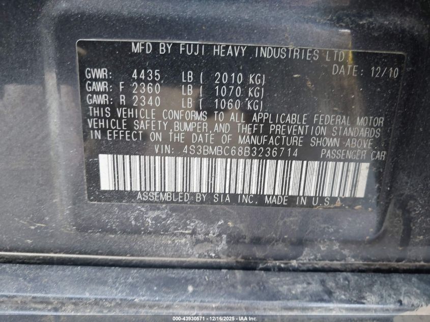 2011 Subaru Legacy 2.5I Premium VIN: 4S3BMBC68B3236714 Lot: 43930571