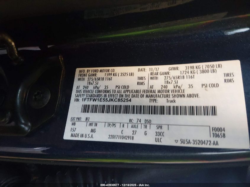 2018 Ford F-150 Xlt VIN: 1FTFW1E55JKC85254 Lot: 43930577
