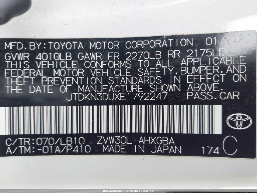 2014 Toyota Prius Four VIN: JTDKN3DUXE1792247 Lot: 43930583