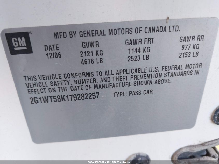 2007 Chevrolet Impala Lt VIN: 2G1WT58K179282257 Lot: 43930587