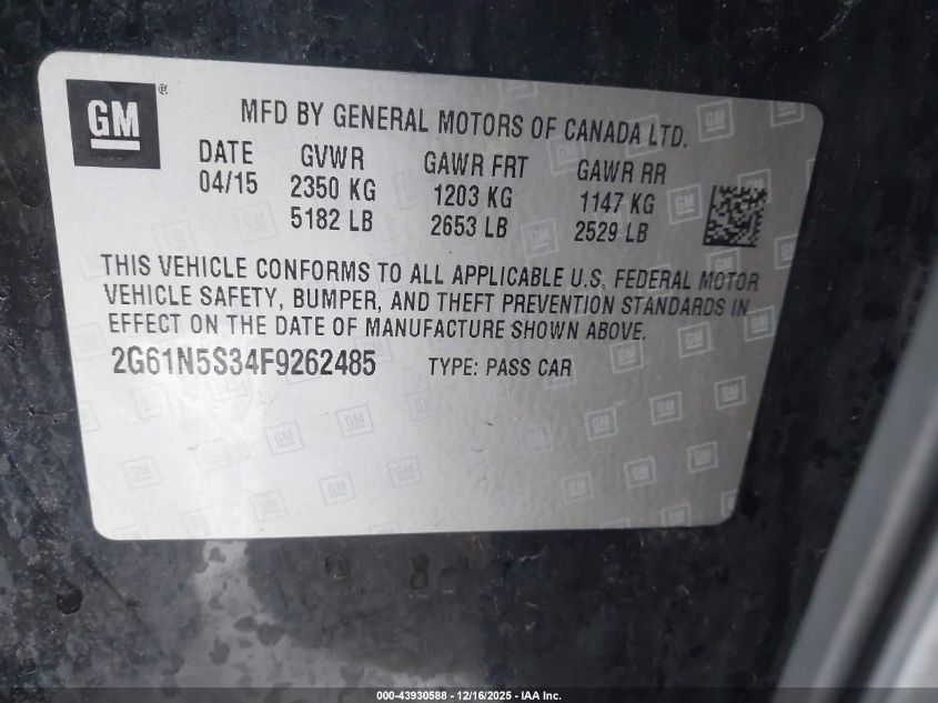 2015 Cadillac Xts Luxury VIN: 2G61N5S34F9262485 Lot: 43930588