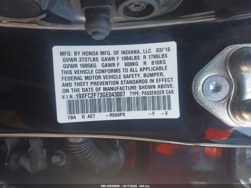 2016 Honda Civic Ex VIN: 19XFC2F73GE043007 Lot: 43930589