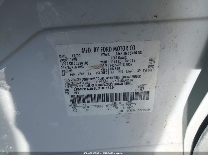 2020 Ford Edge Sel VIN: 2FMPK4J91LBB67639 Lot: 43930597