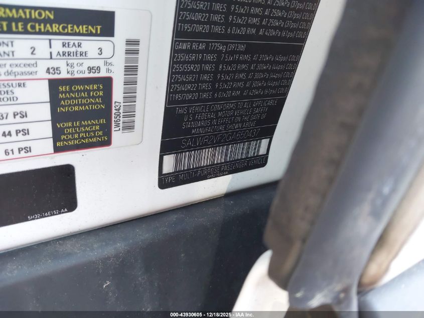 2016 Land Rover Range Rover Sport 3.0L V6 Supercharged Hse VIN: SALWR2VF2GA650437 Lot: 43930605