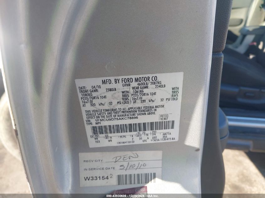 2010 Ford Escape Xlt VIN: 1FMCU9D75AKC78696 Lot: 43930606