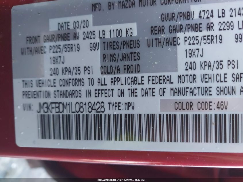 2020 Mazda Cx-5 Grand Touring VIN: JM3KFBDM1L0818428 Lot: 43930610