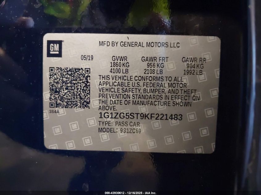 2019 Chevrolet Malibu Rs VIN: 1G1ZG5ST9KF221483 Lot: 43930612