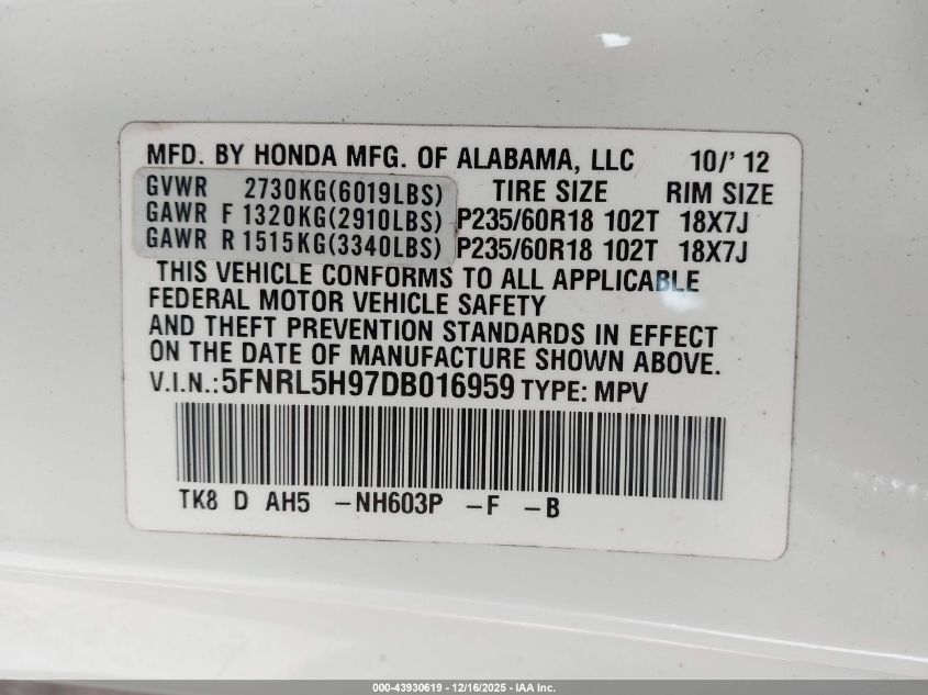 2013 Honda Odyssey Touring/Touring Elite VIN: 5FNRL5H97DB016959 Lot: 43930619