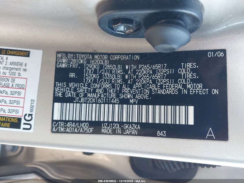 2006 Lexus Gx 470 VIN: JTJBT20X160111445 Lot: 43930622