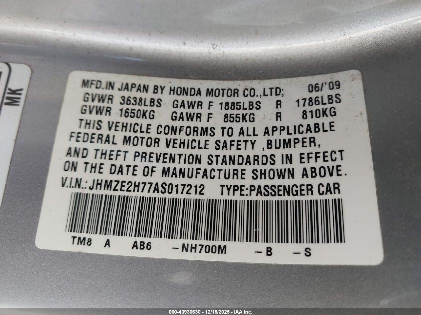 2010 Honda Insight Ex VIN: JHMZE2H77AS017212 Lot: 43930630