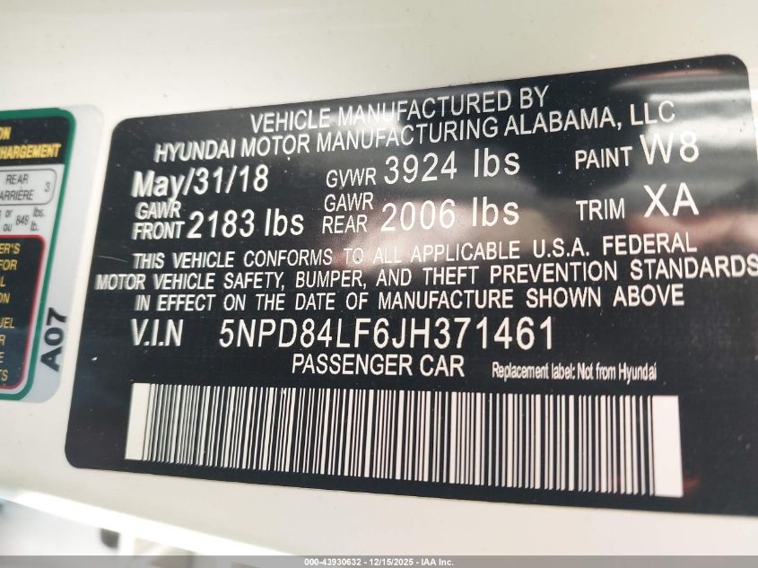 2018 Hyundai Elantra Value Edition VIN: 5NPD84LF6JH371461 Lot: 43930632