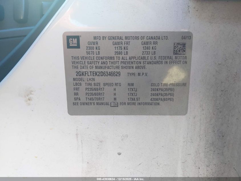 2013 GMC Terrain Sle-2 VIN: 2GKFLTEK2D6346629 Lot: 43930634