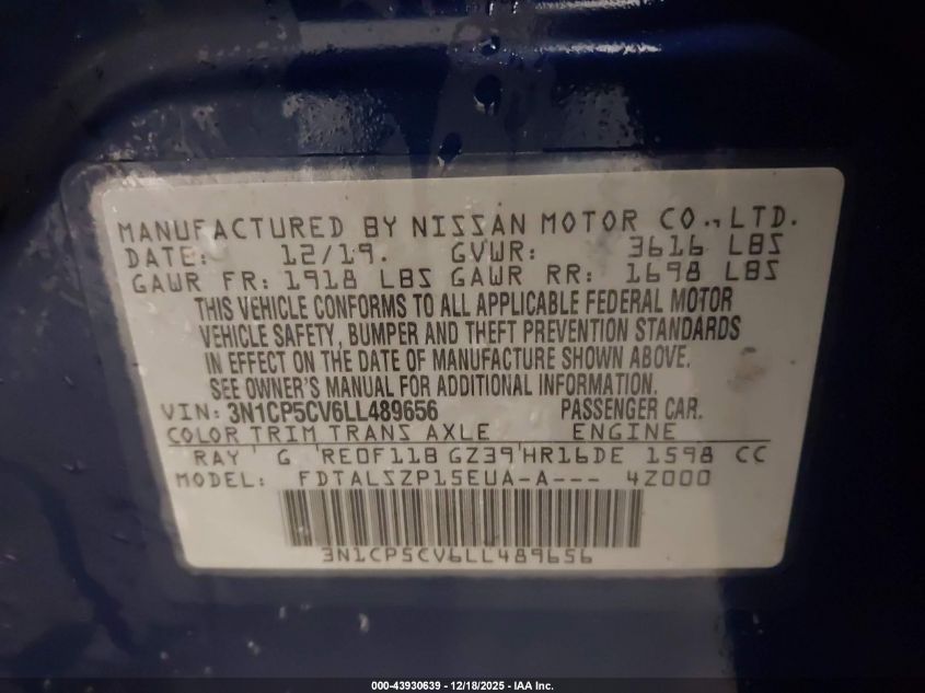 2020 Nissan Kicks Sv Xtronic Cvt VIN: 3N1CP5CV6LL489656 Lot: 43930639