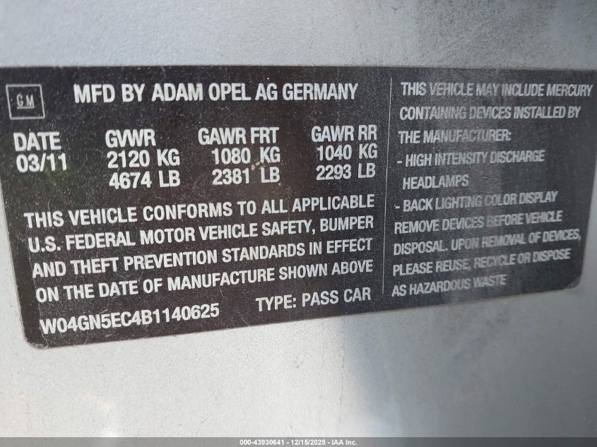 2011 Buick Regal Cxl Russelsheim VIN: W04GN5EC4B1140625 Lot: 43930641