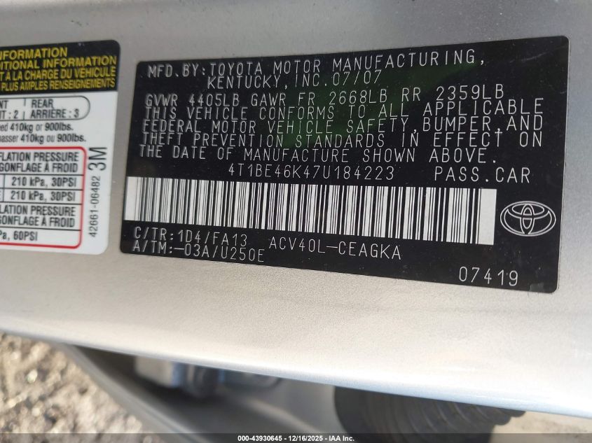 2007 Toyota Camry Xle VIN: 4T1BE46K47U184223 Lot: 43930645