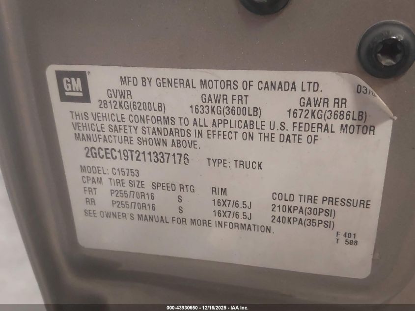 2001 Chevrolet Silverado 1500 Ls VIN: 2GCEC19T211337176 Lot: 43930650