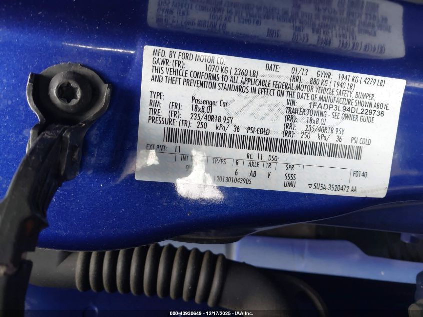 2013 Ford Focus St VIN: 1FADP3L94DL229736 Lot: 43930649