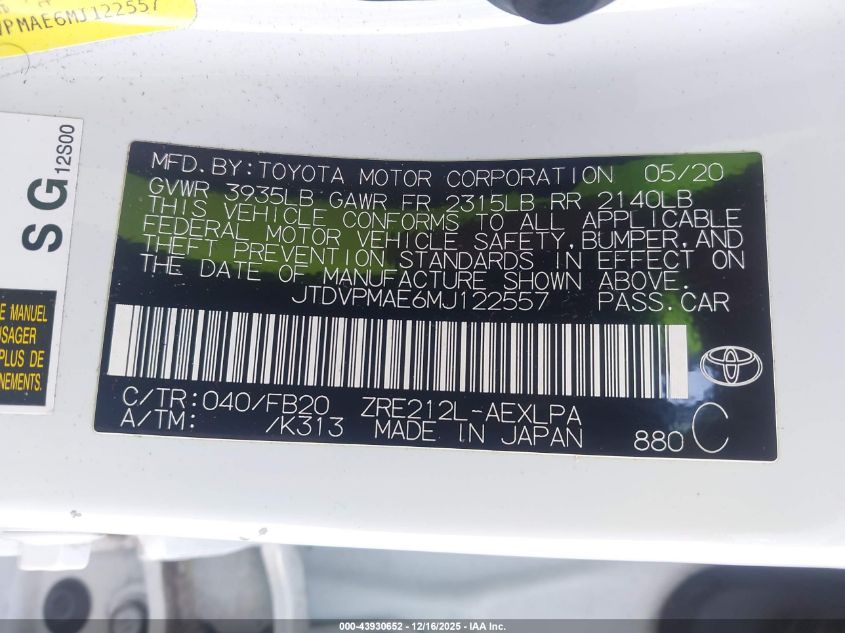 2021 Toyota Corolla Le VIN: JTDVPMAE6MJ122557 Lot: 43930652