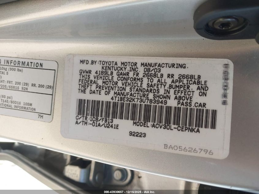 2003 Toyota Camry Le VIN: 4T1BE32K73U783949 Lot: 43930657