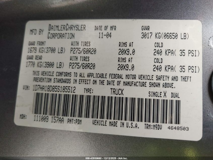 2005 Dodge Ram 1500 Slt/Laramie VIN: 1D7HA18D85S185512 Lot: 43930660