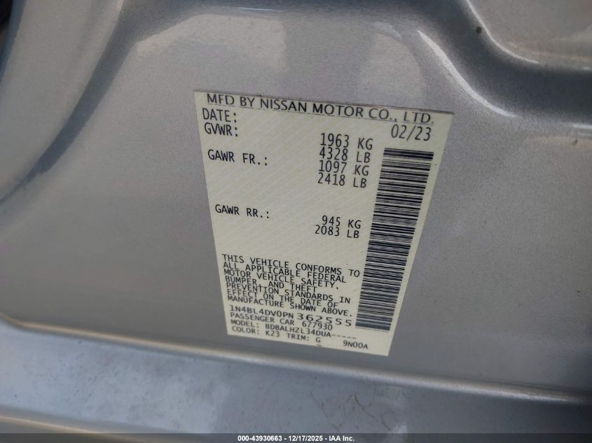 2023 Nissan Altima VIN: 1N4BL4DVPN362555 Lot: 43930663
