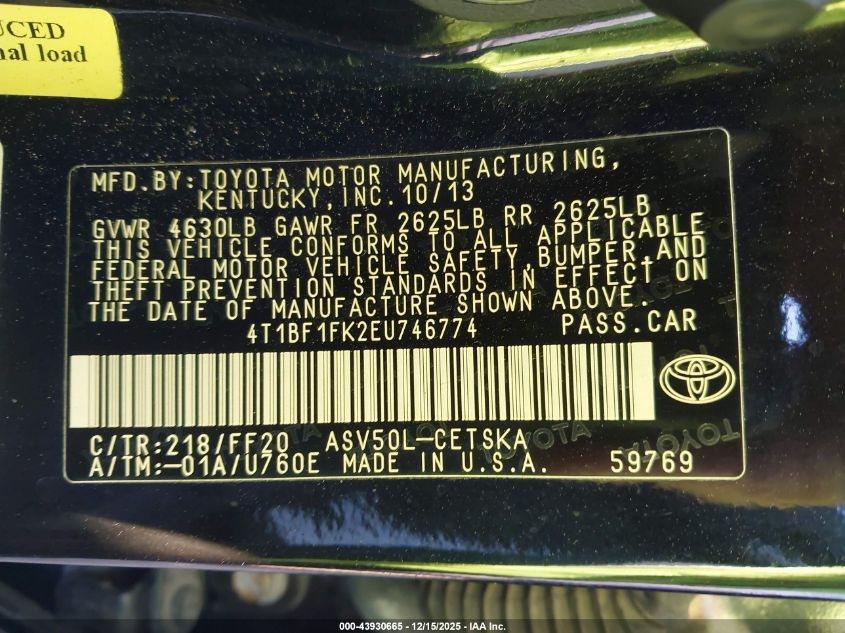 2014 Toyota Camry Se VIN: 4T1BF1FK2EU746774 Lot: 43930665