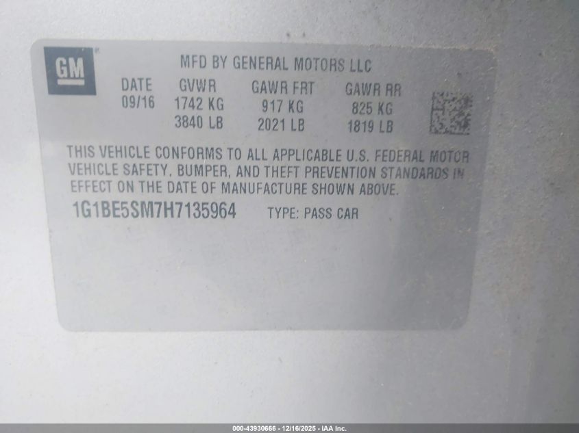 2017 Chevrolet Cruze Lt VIN: 1G1BE5SM7H7135964 Lot: 43930666