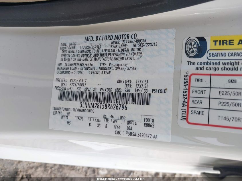 2008 Lincoln Mkz VIN: 3LNHM28T58R626796 Lot: 43930667