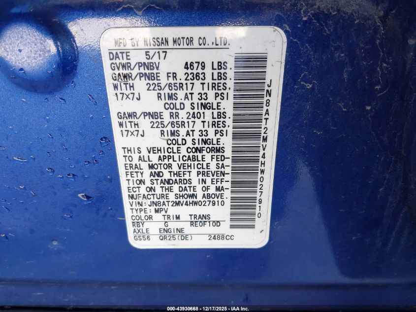 2017 Nissan Rogue Sv VIN: JN8AT2MV4HW027910 Lot: 43930668