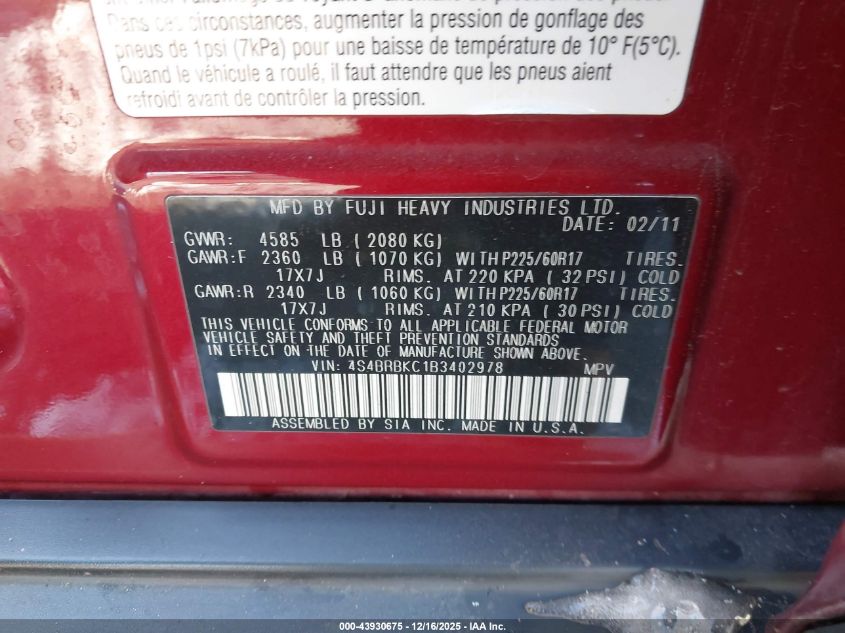 2011 Subaru Outback 2.5I Limited VIN: 4S4BRBKC1B3402978 Lot: 43930675