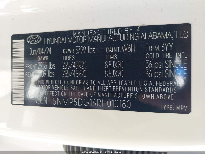 2024 Hyundai Santa Fe Hybrid Calligraphy VIN: 5NMP5DG16RH010180 Lot: 43930676