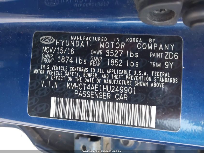 2017 Hyundai Accent Se VIN: KMHCT4AE1HU249901 Lot: 43930679
