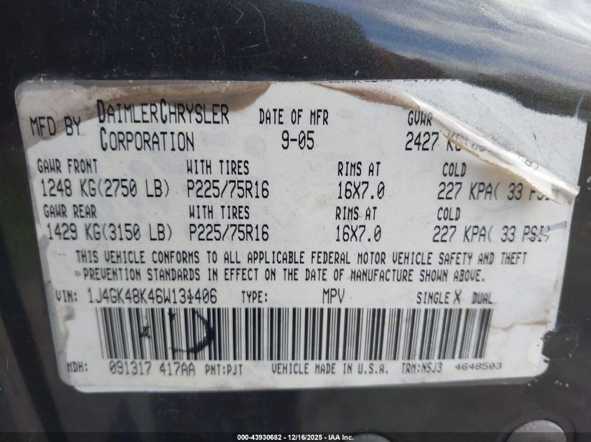 2006 Jeep Liberty Sport VIN: 1J4GK48K46W131406 Lot: 43930682