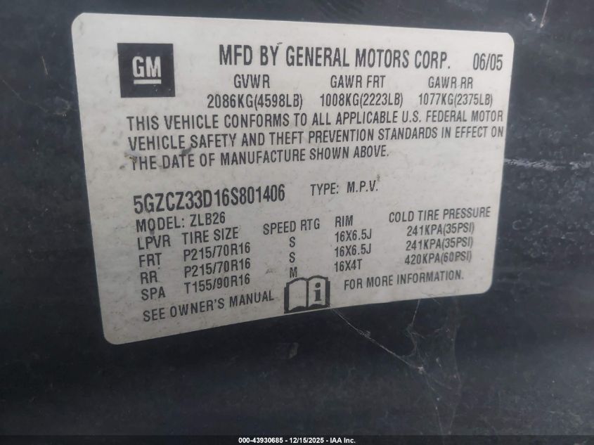 2006 Saturn Vue 4 Cyl VIN: 5GZCZ33D16S801406 Lot: 43930685