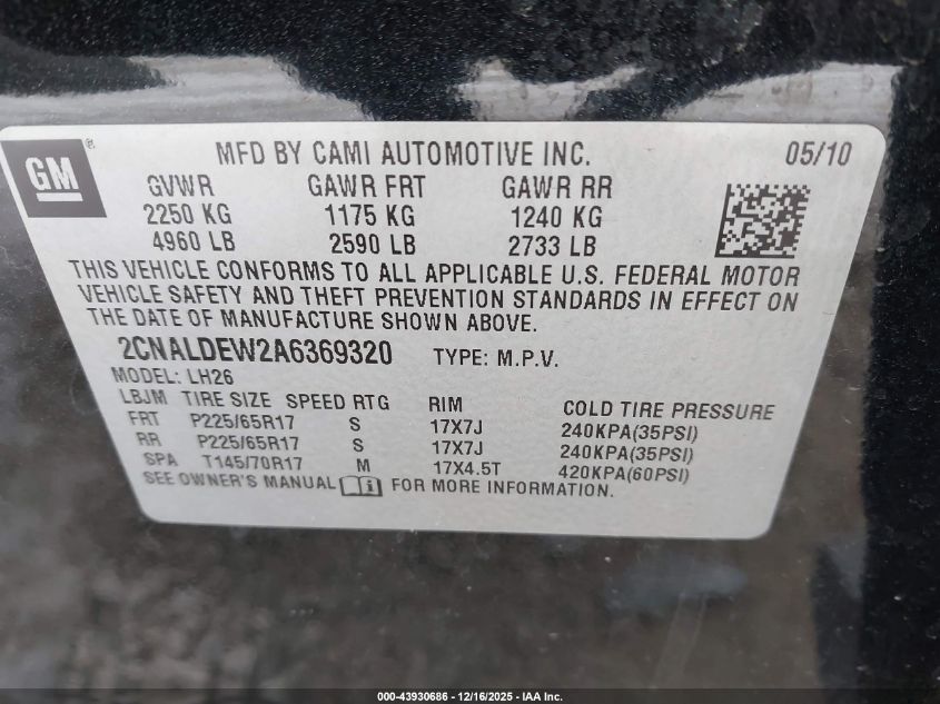 2010 Chevrolet Equinox Lt VIN: 2CNALDEW2A6369320 Lot: 43930686