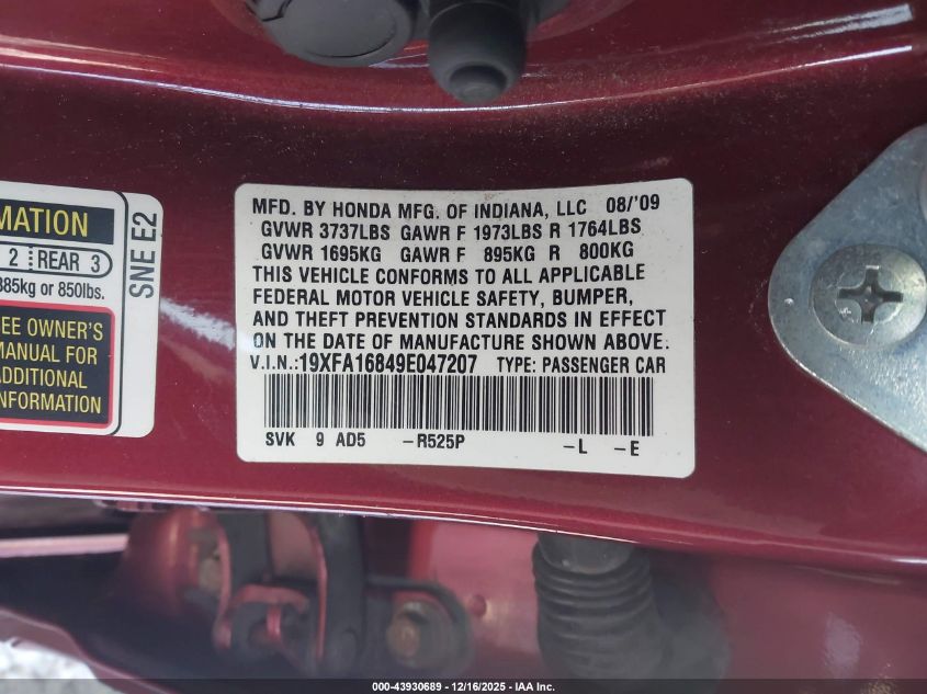 2009 Honda Civic Ex VIN: 19XFA16849E047207 Lot: 43930689